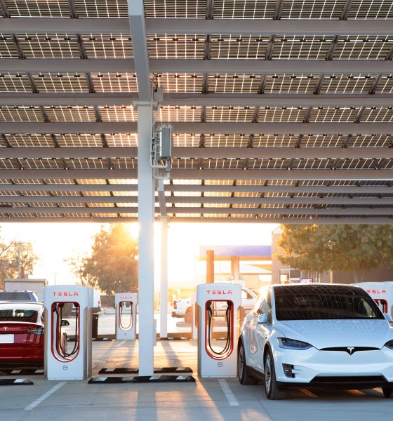 Tesla Superchargers under a solar canopy